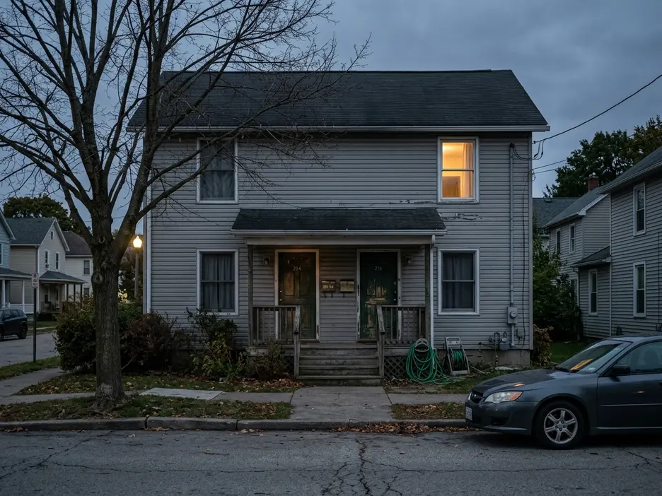 A two-unit rental house on an ordinary street at dusk, one window lit