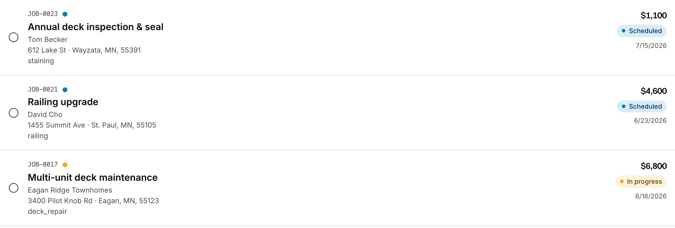 The jobs list in Field, with values, status chips and dates on every row