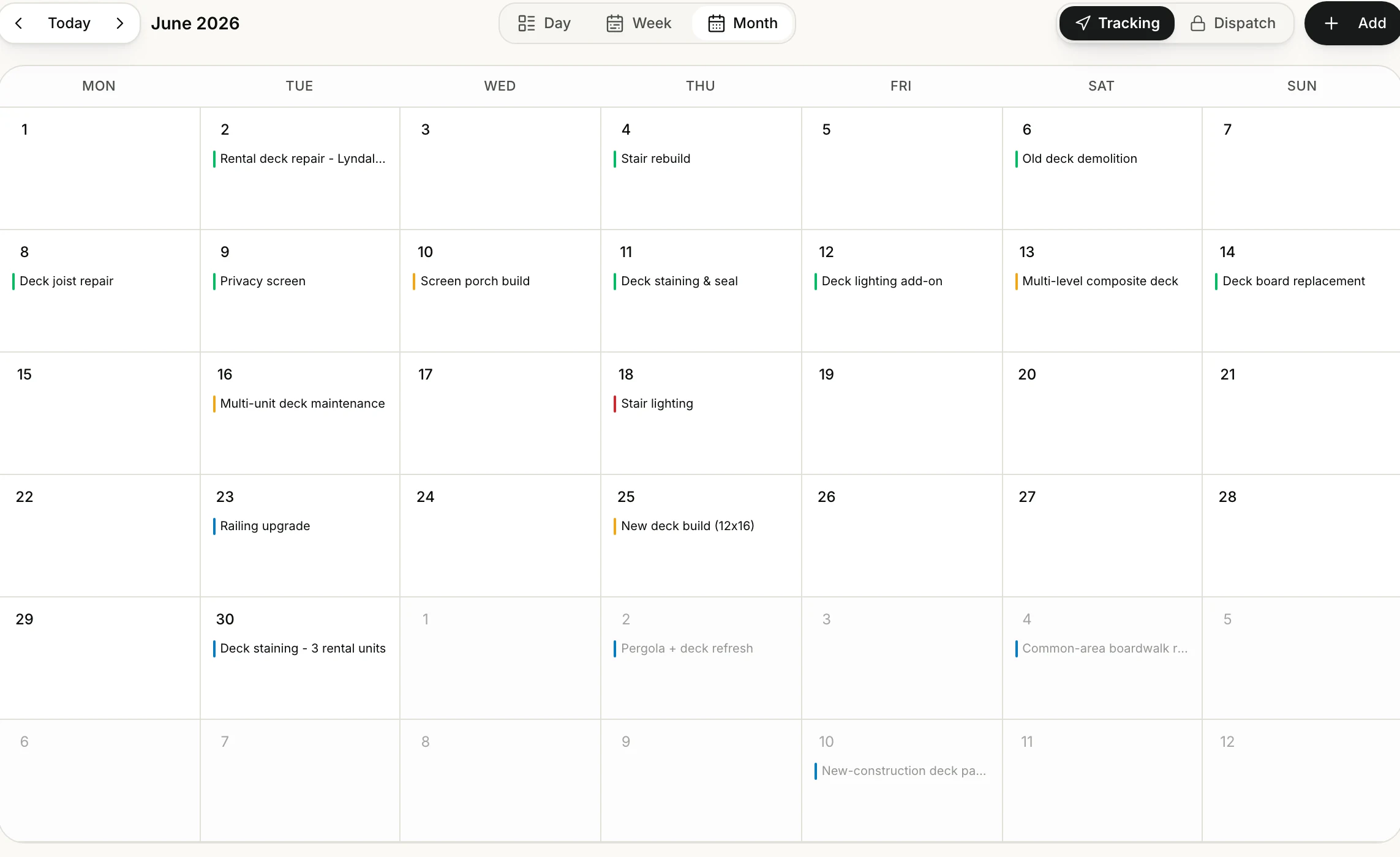 A month of scheduled jobs in Field, each with a colored status bar