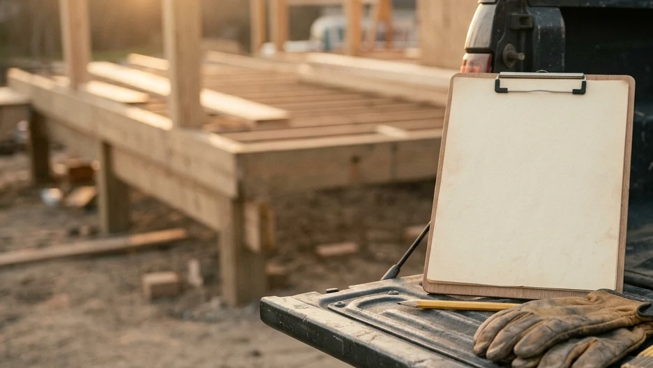 Work gloves and a notepad on a truck tailgate at the end of the day